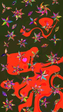 El çizimi. Suluboya çizimi. Yeşil ve kırmızı renkte çiçekler. Çiçekli çizim deseni.