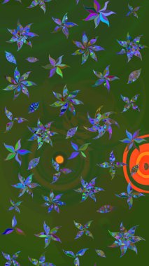 Suluboya elle çizilmiş çiçek desenli eskiz deseni. Parlak renkli fantezi çiçekleri, yapraklar, yeşil ve mavi renkli tomurcuklar yeşil ve mavi.