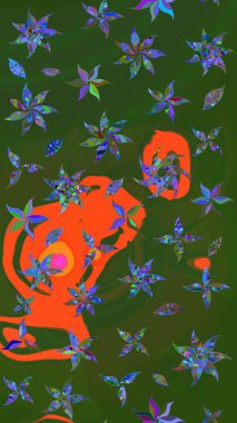 Çiçek desenli çizim. Raster illüstrasyonu. Yeşil ve turuncu renkli Asya tekstili.