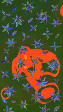 Yaprak ve çiçeklerin suluboya resimleri, yeşil ve turuncu renkler üzerine çizimler. Yeşil ve turuncu renklerde bahar çiçekleri. Raster illüstrasyonu.