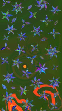 Çiçek duvar kağıdı. Renkli süs kenarı. Hint süsü. Çizim kalıbı. Raster illüstrasyonu. Yeşil ve mavi renklerde.