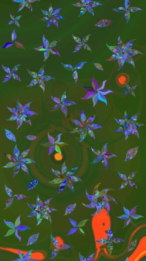 Raster illüstrasyonundaki çiçek desenli çizim. Yeşil ve mavi renkte çiçekler. Renkli Bahar Teması eskiz kalıbı. Düz Çiçek Elementleri Tasarımı.