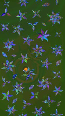 Çiçek süslemeli çizim deseni. Yeşil ve mavi renkte çiçekler. Raster illüstrasyonu.