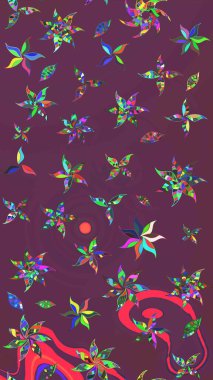 Çiçekli karalama şeklinde Raster çiçek deseni. Nazik, narin çiçek arkaplanı. Kahverengi ve mor renkte çiçekler.