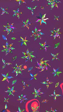 Renkli Bahar Teması eskiz kalıbı. Düz Çiçek Elementleri Tasarımı. Mor ve yeşil renkli çiçekler. Raster illüstrasyonunda çiçek deseni çizimi.