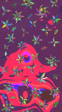 Renkli grunge soyut arkaplanı sütunlu ve pembe çiçeklerle süslüyor. Parmak izi, kumaş, duvar kâğıdı, tekstil için raster dokusu. Nakış desenli çiçek deseni..