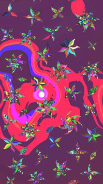 Renkli Bahar Teması eskiz kalıbı. Düz Çiçek Elementleri Tasarımı. Mor ve pembe renkte çiçekler. Raster illüstrasyonunda çiçek deseni çizimi.