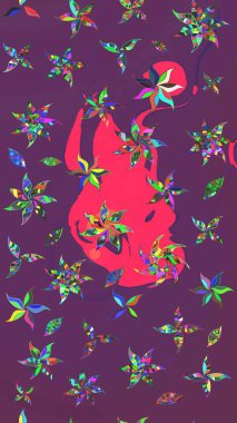 Raster Çiçek İllüstrasyonu 'nun şirin tekstili. Mor ve pembe renkli etnik çiçeklerle zarif bir eskiz deseni..