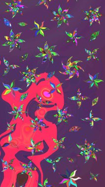 Mor ve pembe arka planda. Elle çizilmiş çiçek desenli Raster çizimi. Tekstil, kumaş, ambalaj, hatıra defteri için hoş bir çiçek arkaplanı. Çocuksu tasarım.