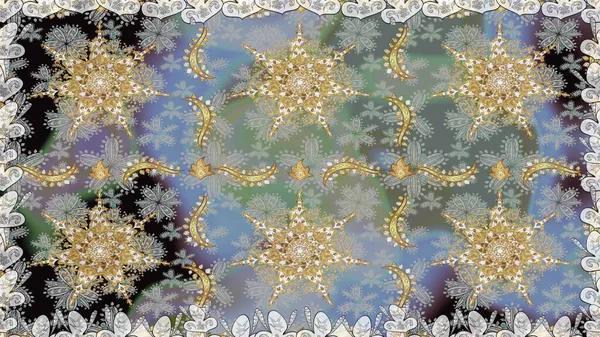 Kusursuz desenli oryantal süs. Gri ve nötr renklerde altın desenler ve altın elementler. Raster altın tekstil baskısı. Çiçek kiremitleri. İslam tasarımı.