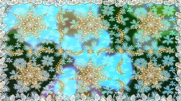 Oriental raster klasik mavi, nötr ve altın desenli. Raster illüstrasyonu. Kusursuz soyut arkaplan.