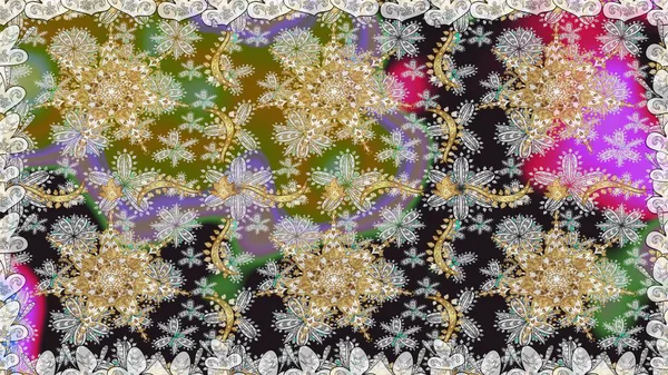 Altın desenli çiçek dekoru. Çizgi sanatı tasarım şablonu için kusursuz sınır. Doğu tarzı element. Davetiyeler, kartlar, web sayfası için Raster illüstrasyon. Gri ve nötr renkler üzerine altın element.