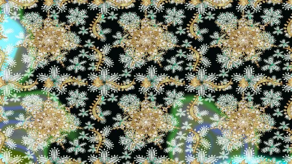 Duvar kâğıdı için altın süslü bir illüstrasyon. Süslü dantel iz sürücü. Doğu tarzında klasik tasarım öğesi. Siyah renkler üzerine geleneksel Arapça dekor. Çiçekli süslemeli, pürüzsüz bir desen..