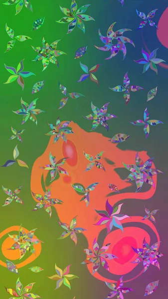 Yeşil ve mavi renkli Asya tekstili. Çiçek desenli çizim. Raster illüstrasyonu.