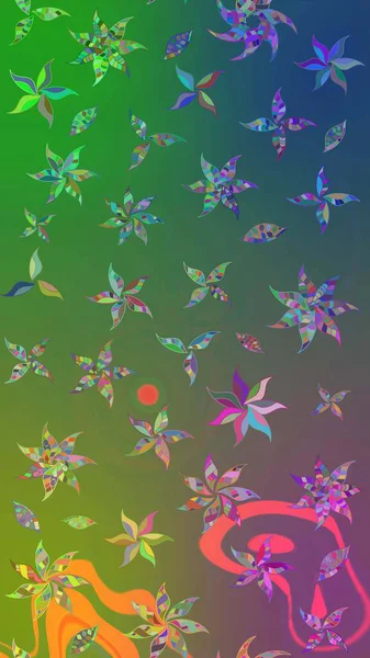 Çiçek süslemeli çizim deseni. Raster illüstrasyonu. Yeşil ve mavi renkte çiçekler.