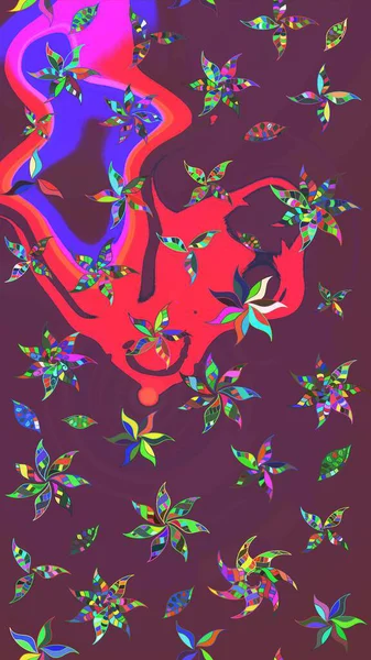 Raster illüstrasyonundaki çiçek desenli çizim. Kahverengi ve pembe renkli çiçekler. Renkli Bahar Teması eskiz kalıbı. Düz Çiçek Elementleri Tasarımı.