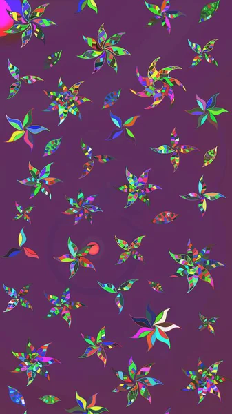 Varicolopurple ve yeşil raster çizimi. Küçük çiçekteki sevimli çiçek deseni. Birçok mor ve yeşil soyut çiçekli tropikal çizim deseni.