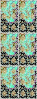 Raster illüstrasyonu. Dekoratif simetri arabesk. Tarafsız ve mavi renklerde altın. Kusursuz ortaçağ çiçek deseni. Doğum günü, davetiye ya da afiş için tebrik kartı.