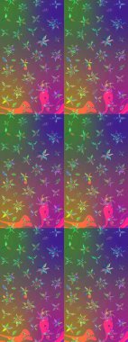 Düz Çiçek Elementleri Tasarımı. Mor ve yeşil renkli şirin çiçek desenleri. Raster Modaya uygun kumaş deseni. Renkli Bahar Teması çizim şablonu.