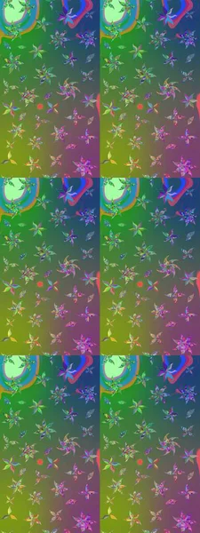 Yeşil ve mavi renkli çiçekler. Renkli Bahar Teması çizim kalıbı. Düz Çiçek Elementleri Tasarım Raster illüstrasyonu. Çiçekli çiçek deseni, suluboya..