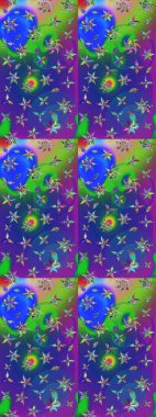 Raster illustration. Raster floral pattern in doodle style with flowers. Gentle, spring floral on blue and green colors.