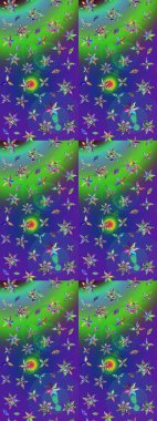 Raster illüstrasyonundaki çiçek desenli çizim. Düz Çiçek Elementleri Tasarımı. Renkli Bahar Teması eskiz kalıbı. Yeşil ve mavi renkte çiçekler.