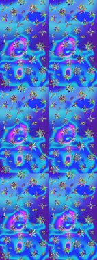 Renkli grunge, soyut arkaplanı kolomavi ve mor çiçeklerle süslüyor. Nakış desenli çiçek deseni. İzler, kumaş, duvar kağıtları, tekstil için raster dokusu.