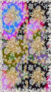 Altın karalama fantezi yapraklarından Raster soyut çiçek çelengi ve gri ve nötr renklerde çiçek. El yapımı dekoratif çerçeve, albüm kapağı, tebrik kartı, klasik Art deco tarzı.