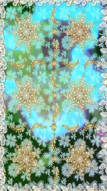 Raster illüstrasyonu. Tarafsız ve mavi renklerde altın elementlerle kusursuz desen. Kusursuz klasik raster altın desenli. Klasik klasik klasik arka plan. Geleneksel oryantasyon süsü.