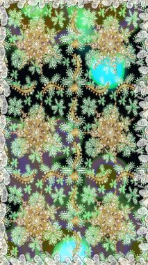 Kusursuz altın desenli bukleler. Parlak dantel, stilize çiçekler, şal desenli. Doğu tarzı arabesk. Hassas altın desen. Raster. Tarafsız ve yeşil renklerde altın elementlerle kusursuz desen.