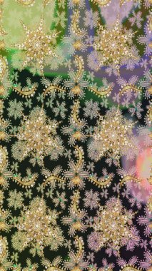 Kusursuz kraliyet lüksü, altın barok kumaş rengi. Altın antika ortaçağ dekoratifi, yapraklar ve gri ve nötr renklerde altın desenli süslemeleri olan pürüzsüz bir desen..