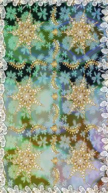 Süslü dekorasyon. Damask altın soyut çiçek, nötr ve gri renklerde dikişsiz desen. Raster illüstrasyonu.