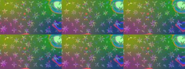 Yeşil ve mavi renkli çiçekler. Renkli Bahar Teması çizim kalıbı. Düz Çiçek Elementleri Tasarım Raster illüstrasyonu. Çiçekli çiçek deseni, suluboya..