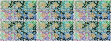 Altın karalama fantezi yapraklarından Raster soyut çiçek çelengi ve nötr ve mavi renklerde çiçek. El yapımı dekoratif çerçeve, albüm kapağı, tebrik kartı, klasik Art deco tarzı.