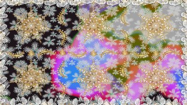 Altın şablon. Gri ve nötr renklerin kraliyet retro 'su. Kusursuz desenli altın elementler. Raster illüstrasyonu. Kart, duvar kağıdı, ambalaj ve tekstil için klasik tasarım. Çiçeksel klasik doku.