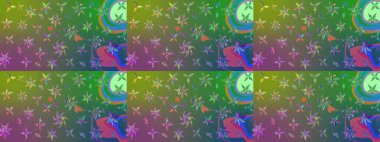 On green and blue colors. Raster illustration. A pattern of green and blue daisies on a green and blue colors.