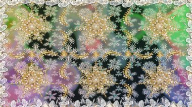 Kusursuz altın desen. Tarafsız ve gri renkler ve altın elementler. Çiçek desenli altın metal. Raster altın çiçek süsü brokar kumaş ve cam desenli..