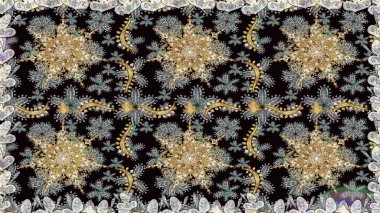 Gri ve siyah renkleri altın elemanları ile sorunsuz vintage desen. Noel, kar tanesi, yeni yıl 2019.