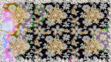 Geleneksel raster ve altın desen. Damask pürüzsüz süsü. Gri ve nötr renkler üzerinde klasik oryantal desen.