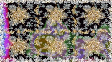 Altın desenli çiçek dekoru. Doğu tarzı element. Davetiyeler, kartlar, web sayfası için Raster illüstrasyon. Gri ve nötr renklerde altın element. Çizgi sanatı tasarım şablonu için sınırsız sınır.