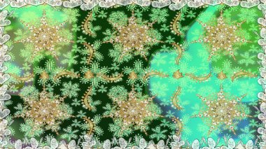 Geleneksel oryantasyon süsü. Yeşil ve nötr renklerde altın elementlerle kusursuz desen. Klasik klasik klasik arka plan. Kusursuz klasik raster altın desenli.