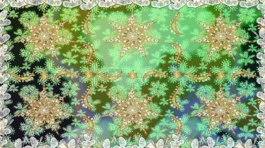 Hassas altın deseni açın. Parlak dantel, stilize çiçekler, şal desenli. Kusursuz altın desenli bukleler. Yeşil renklerde, altın elementlerle kusursuz desen. Doğu tarzı arabesk. Raster..
