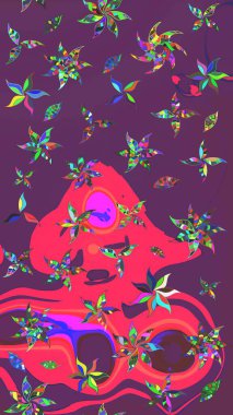 Üzerinde gelincikler ve vadi zambakları olan renkli çiçek desenli nakış deseni. Raster geleneksel halk çiçekleri mor ve pembe renkli tekstil tasarımları için..