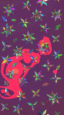 Düz Çiçek Elementleri Tasarımı. Renkli Bahar Teması eskiz kalıbı. Mor ve pembe renkte çiçekler. Raster illüstrasyonunda çiçek deseni çizimi.