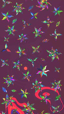 Raster düz çiçek çizim deseni. Hediye ambalaj kağıdı, tebrik kartları, posterler ve pankart tasarımı. Kahverengi ve mor renkte çiçekler.