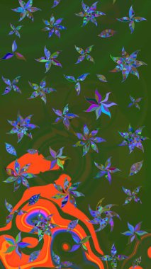 Çiçekli eskiz deseni. Suluboya çizimi. El çizimi. Yeşil ve turuncu renkte çiçekler.