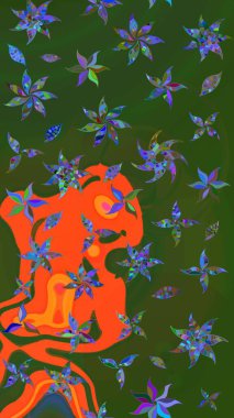 Raster suluboya çiçek deseni, narin çiçekler, yeşil ve turuncu çiçekler, tebrik kartı şablonu. Raster Güzel kumaş deseni.