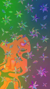 Çiçeksel çizim kalıbının yansıması. Vadinin çiçekleri yeşil ve mavi renklerde.