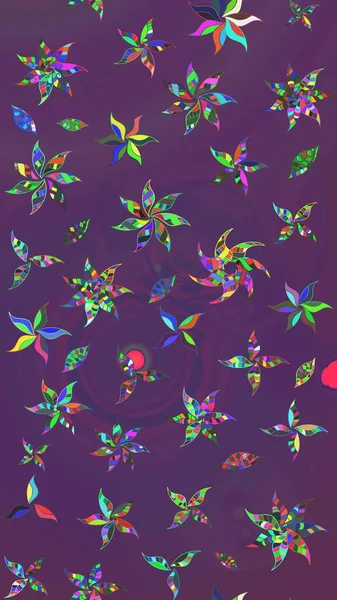 Mor ve mor çiçekli bahar çiçekleri. Moda baskıları için zarif bir şablon. Küçük çiçekte güzel bir desen. Küçük renkli çiçekler. Motley illüstrasyonu.