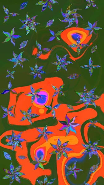 Yaprak ve çiçeklerin suluboya resimleri, yeşil ve turuncu renkler üzerine çizimler. Yeşil ve turuncu renklerde bahar çiçekleri. Raster illüstrasyonu.